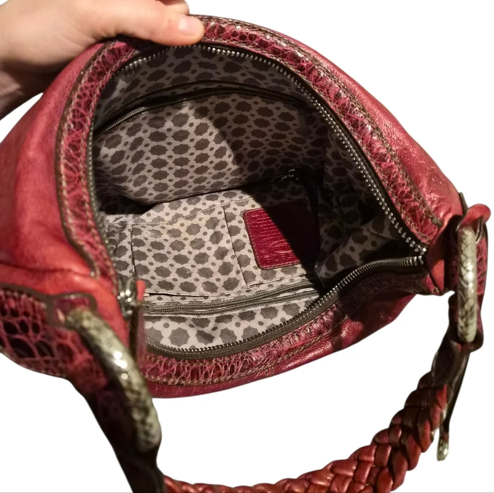 Brighton Leather Hobo Bag | Braided Strap | Deep Red | Organizer Pockets